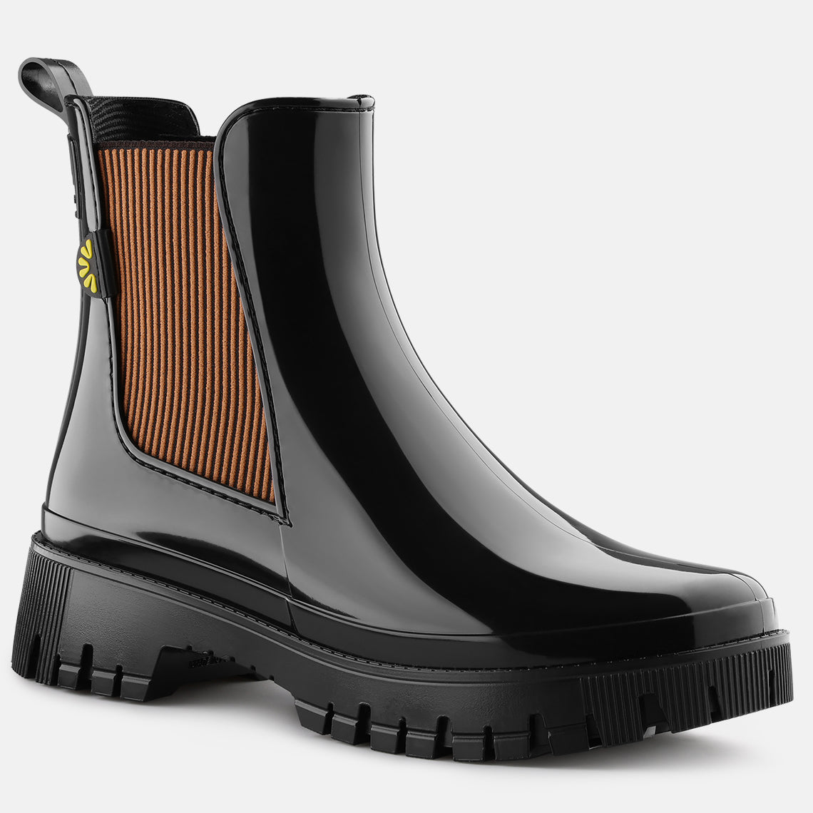 Nahaufnahme der Lemon Jelly Hallie Gummistiefel in Schwarz/Zimt, weiches Obermaterial und bequemer Sitz