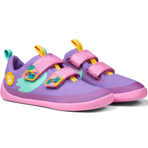 
Violet / yellow / turquoise vegan barfoot shoe with Tukan design