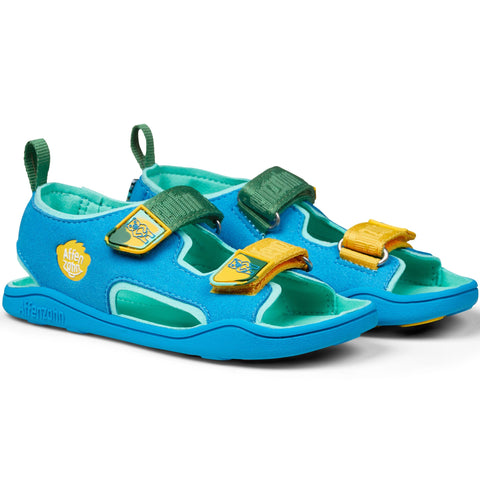 Blue, green, and yellow vegan airy sandal with creative bear design