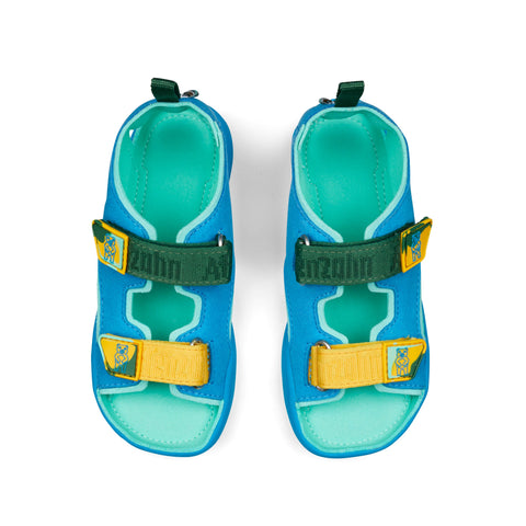 Colorful blue, green, and yellow vegan airy sandal with creative bear design