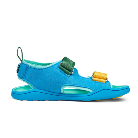 Vegan airy sandal with creative bear design in blue, green, and yellow