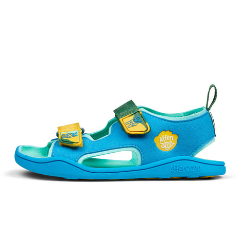 AFFENZAHN Barfuß Sandale VEGAN AIRY KREATIV BÄR - blau / grün / gelb: Comfortable and colorful vegan barefoot sandal for kids