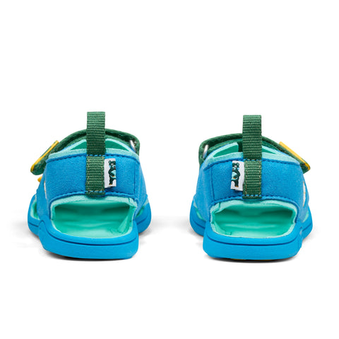 Colorful blue, green, and yellow AFFENZAHN Barfuß Sandale VEGAN AIRY KREATIV BÄR