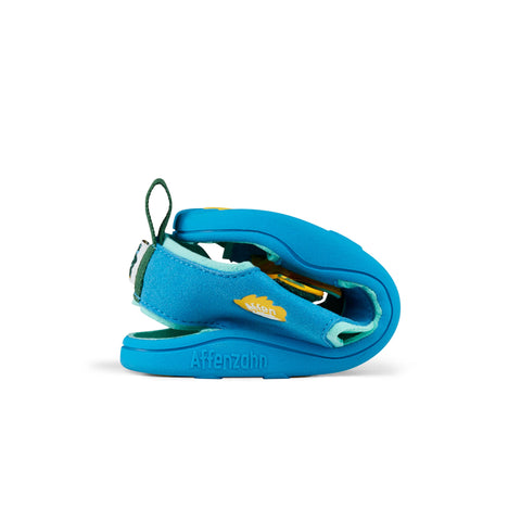 Blue, green, and yellow vegan airy sandal with creative bear design