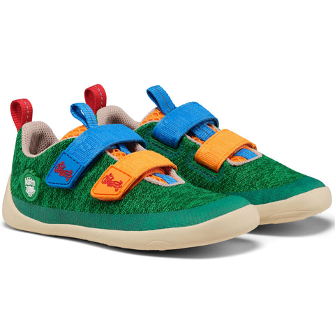 Colorful green, blue, and orange AFFENZAHN Barfuß Halbschuh KNIT HAPPY 10 YEARS showcasing a fun and playful design