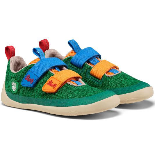 Colorful green, blue, and orange AFFENZAHN Barfuß Halbschuh KNIT HAPPY 10 YEARS showcasing a fun and playful design