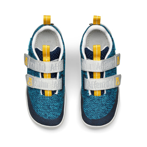 Blue, light grey, and yellow knit Happy Pinguin barefoot shoe for kids