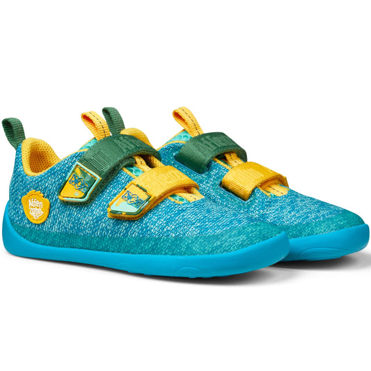 
AFFENZAHN Barfuß Halbschuh KNIT HAPPY KREATIV BÄR - blau / grün / gelb Kinderleichtes Schließen und Öffnen