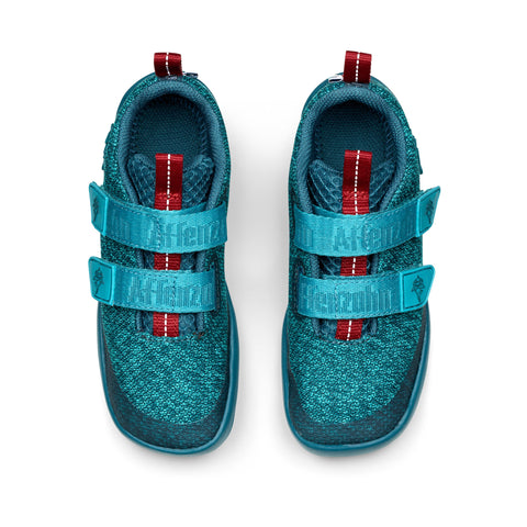 AFFENZAHN Barfuß Halbschuh KNIT HAPPY HAI - petrol / rot: Kinder-Barfußschuh aus nachhaltigen Materialien mit Hai-Motiv in Blau und Rot