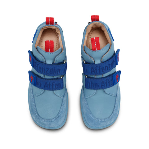 Blue and red AFFENZAHN Barfuß Halbschuh BUDDY HAI shoe with shark design