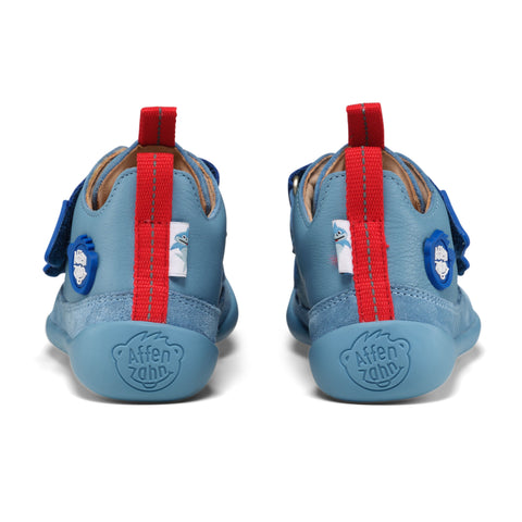AFFENZAHN Barfuß Halbschuh BUDDY HAI - blau / rot: Kinder-Halbschuh mit Hai-Motiv in Blau und Rot