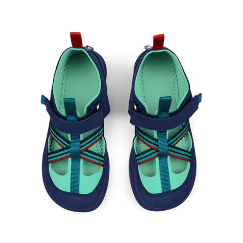 AFFENZAHN Barfuß Halbsandale VEGAN BREEZY OCTOPUS - navy / türkis - Front view of navy and turquoise vegan sandal with octopus design for kids