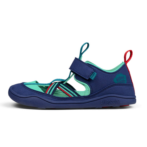 Vegan navy and turquoise AFFENZAHN Barfuß Halbsandale featuring BREEZY OCTOPUS design
