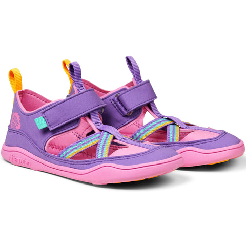 AFFENZAHN Barfuß Halbsandale VEGAN BREEZY KREATIVER TUKAN - flieder / gelb - Purple and yellow vegan barefoot half-sandal with creative toucan design