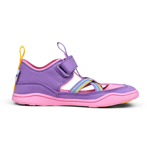 Vegan purple and yellow half sandal with creative toucan design