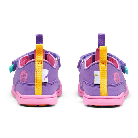Colorful and playful AFFENZAHN vegan half sandal with creative tukan design in lilac and yellow