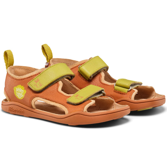 AFFENZAHN Barfuß Sandale LEATHER AIRY KATZE - zimt / kiwi: Cute and comfortable cat-themed leather sandals in cinnamon and kiwi colors