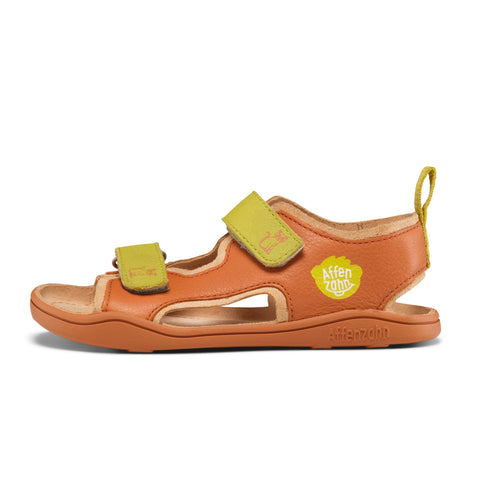 AFFENZAHN Barfuß Sandale LEATHER AIRY KATZE - zimt / kiwi - comfortable and stylish kitten-themed leather sandals in cinnamon and kiwi colors
