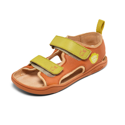 AFFENZAHN Barfuß Sandale LEATHER AIRY KATZE - zimt / kiwi - comfortable and stylish cat-themed leather sandals in cinnamon and kiwi colors