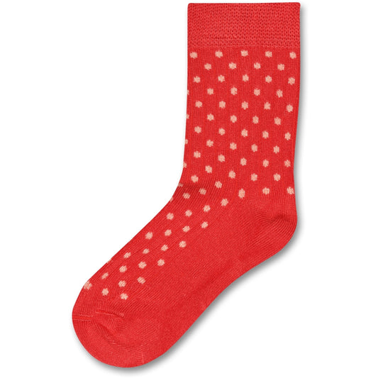 Pair of stylish red and polka-dotted MINIPOP bamboo socks on white background