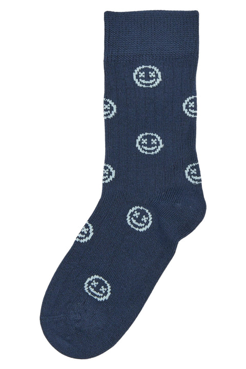 Vorderansicht der MINIPOP Bambus Socken dunkelblau mit hellblauen Smiley-Motiven.