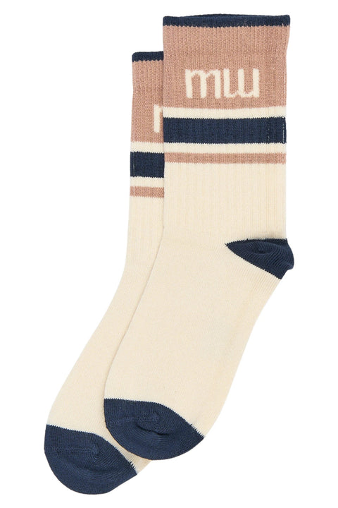 MINIPOP Bambus-Socken, cremefarbene im Paar mit dunkelblauem Zehen- und Fersenbereich und Streifen am oberen Rand.