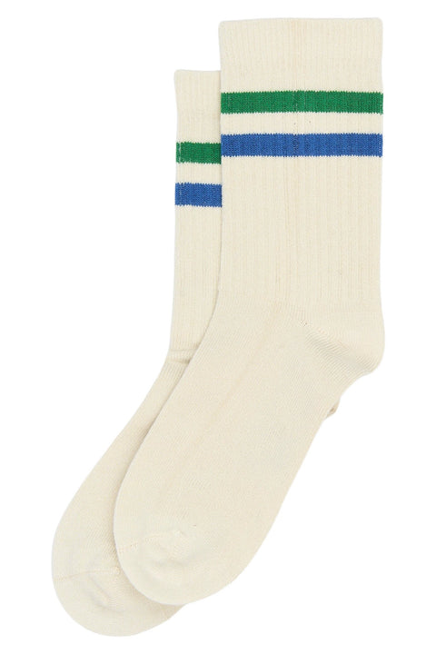 Ansicht von oben: MINIPOP Bambus-Socken, cremefarbene Strümpfe mit grünem und blauem Streifen am Bündchen, Paar.