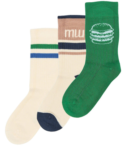MINIPOP Strümpfe 3er Pack: cremefarbene, gestreifte und grüne Socken – Burger-Motiv sichtbar.