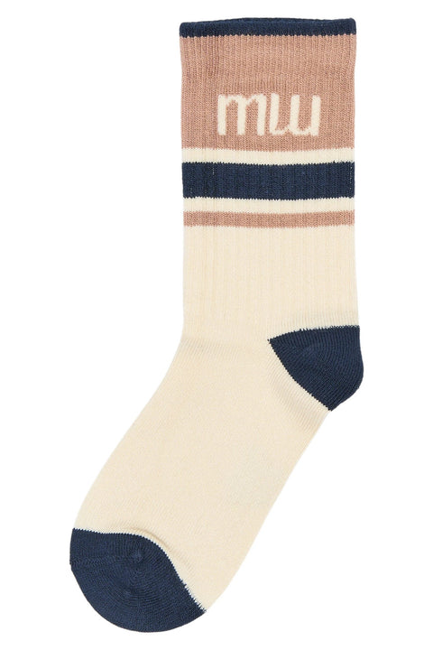 MINIPOP Strümpfe – creme-beige Socke mit dunkelblauem Zehenbereich; oben mehrfarbige Streifen und MINIPOP-Logo.