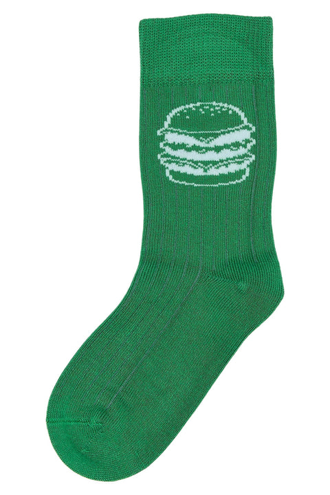 Vorderansicht eines grünen MINIPOP Strumpfs mit weißem Hamburger-Print und Rippenstruktur.