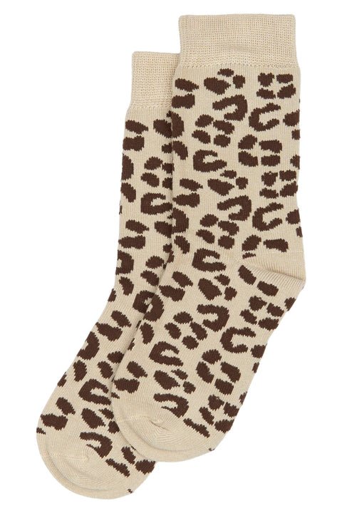 Vorderansicht MINIPOP Bambus Socken, beige Leopardendruck, Paar.