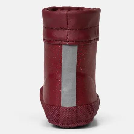 Rückansicht der BUNDGAARD MALIK Barfuß-Gummistiefel in Beere mit Glitzer und silbernem Reflexstreifen.