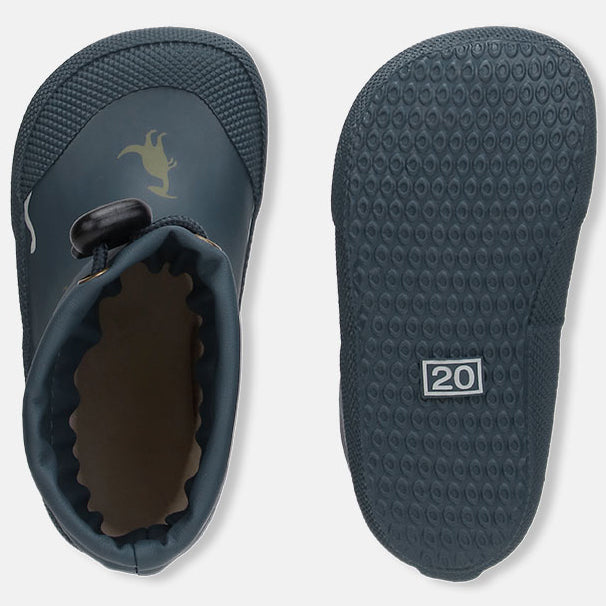 Kinder Gummistiefel in Blau mit Dino-Motiven, ideal für barfußlaufen im Regen