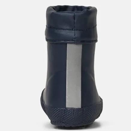 Rückenansicht: BUNDGAARD Barfuß Gummistiefel MALIK, dunkelblau; grauer Rückenstreifen, profilierte Sohle.