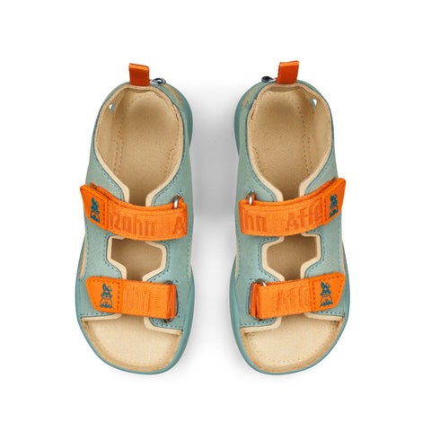Vegan airy hase barfuß sandale in eisblau and orange color