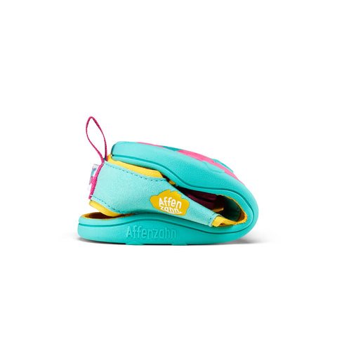 Turquoise and pink animal-themed vegan sandals for children