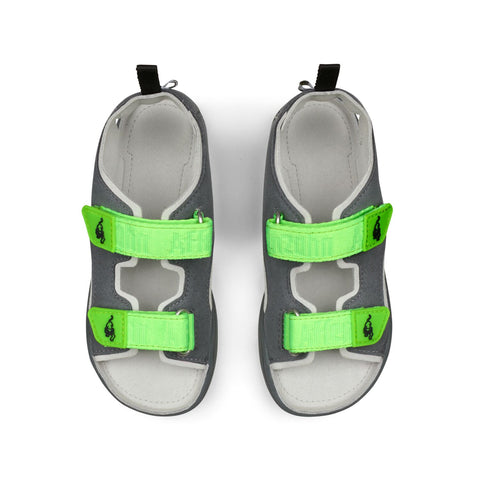 Vegan and breathable dark grey and neon green AFFENZAHN Barfuß Sandale, perfect for outdoor activities