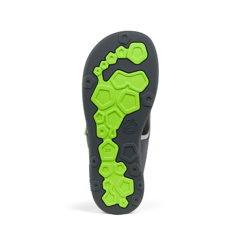 Vegan airy panther dark grey and neon green AFFENZAHN Barfuß Sandale, perfect for barefoot adventures