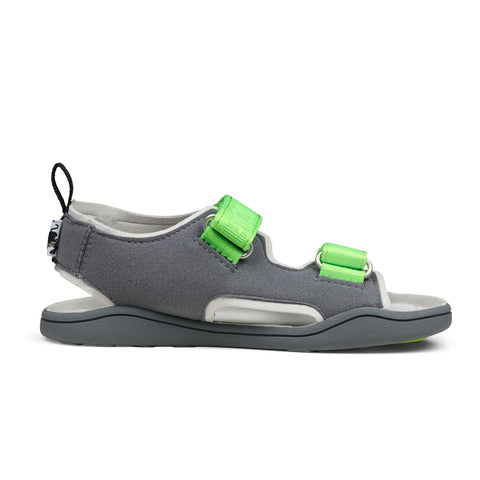 Vegan airy panther sandal in dark grey and neon green, perfect for barefoot comfort