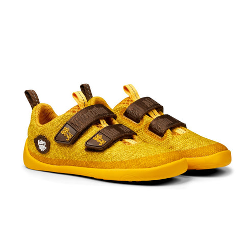 AFFENZAHN Barfuß Halbschuh KNIT HAPPY TIGER - gelb / braun in yellow and brown with tiger face design and knit material