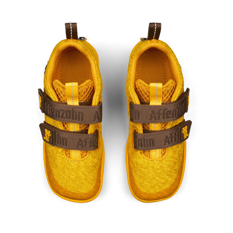 Yellow and brown AFFENZAHN Barfuß Halbschuh KNIT HAPPY TIGER with cute tiger face design