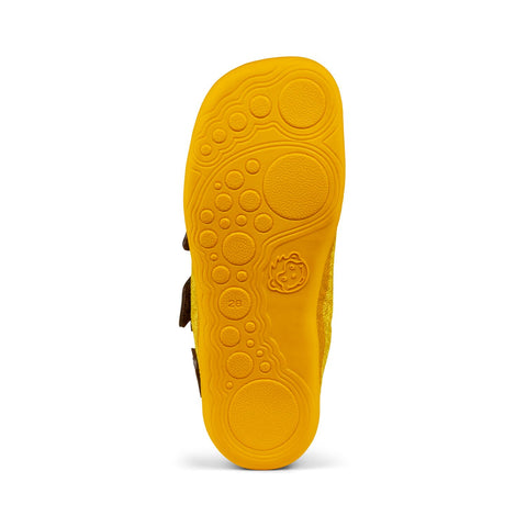 Yellow and brown AFFENZAHN Barfuß Halbschuh KNIT HAPPY TIGER with playful tiger design