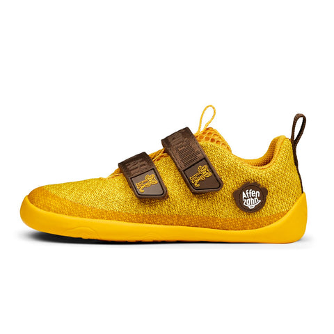 Comfortable and stylish AFFENZAHN Barfuß Halbschuh KNIT HAPPY TIGER - gelb / braun for kids