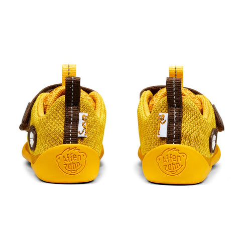 Yellow and brown AFFENZAHN Barfuß Halbschuh KNIT HAPPY TIGER with playful tiger design