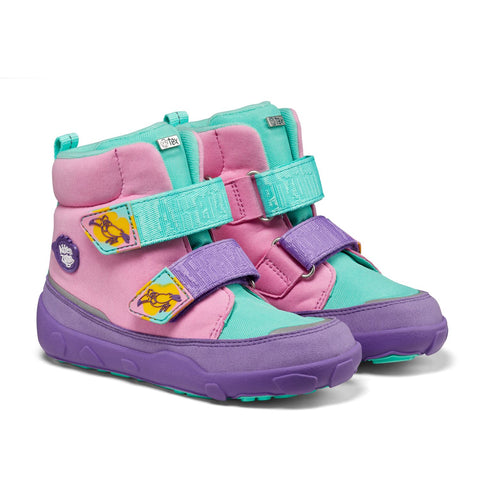 Vibrant and colorful AFFENZAHN TEX Stiefel COMFY VEGAN KREATIV TUKAN in pink, purple, and turquoise, perfect for eco-conscious kids