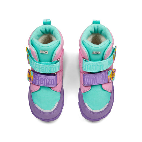 Colorful vegan AFFENZAHN TEX Stiefel COMFY featuring a creative TUKAN design in shades of pink, purple, and turquoise