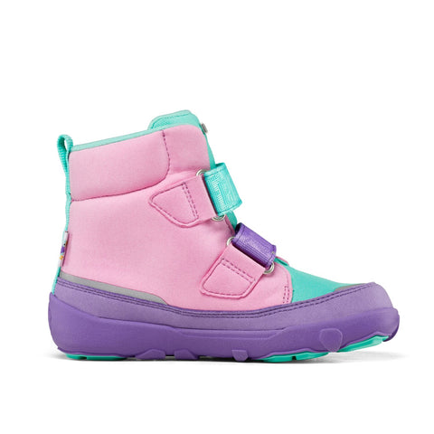 Adorable pink, purple, and turquoise AFFENZAHN TEX Stiefel COMFY VEGAN KREATIV TUKAN boots for kids with fun toucan design, made from vegan materials