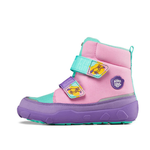 Colorful and eco-friendly AFFENZAHN TEX Stiefel COMFY VEGAN KREATIV TUKAN in pink, purple, and turquoise