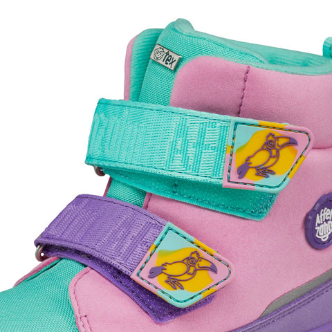 Colorful and vibrant AFFENZAHN TEX Stiefel COMFY VEGAN KREATIV TUKAN in pink, purple, and turquoise, perfect for eco-conscious and creative kids
