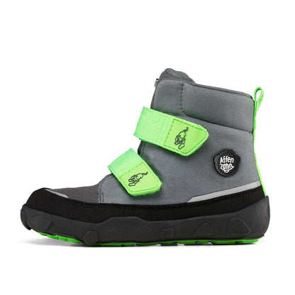 Vegan AFFENZAHN TEX Stiefel in black, grey, and neon green, featuring a comfortable and stylish design with a playful panther motif